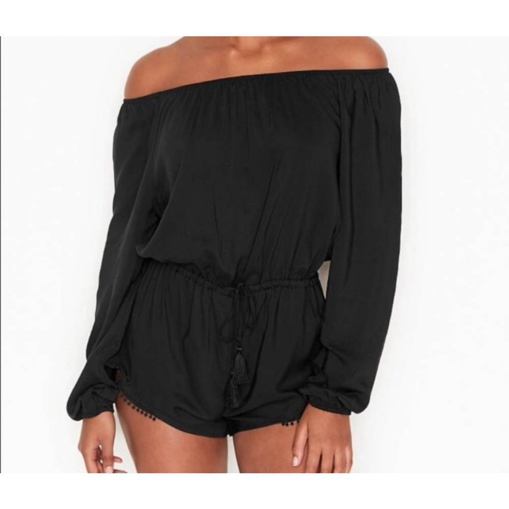 VICTORIA'S SECRET Tassel Ties Pom Pom Trim Romper Black Size Small